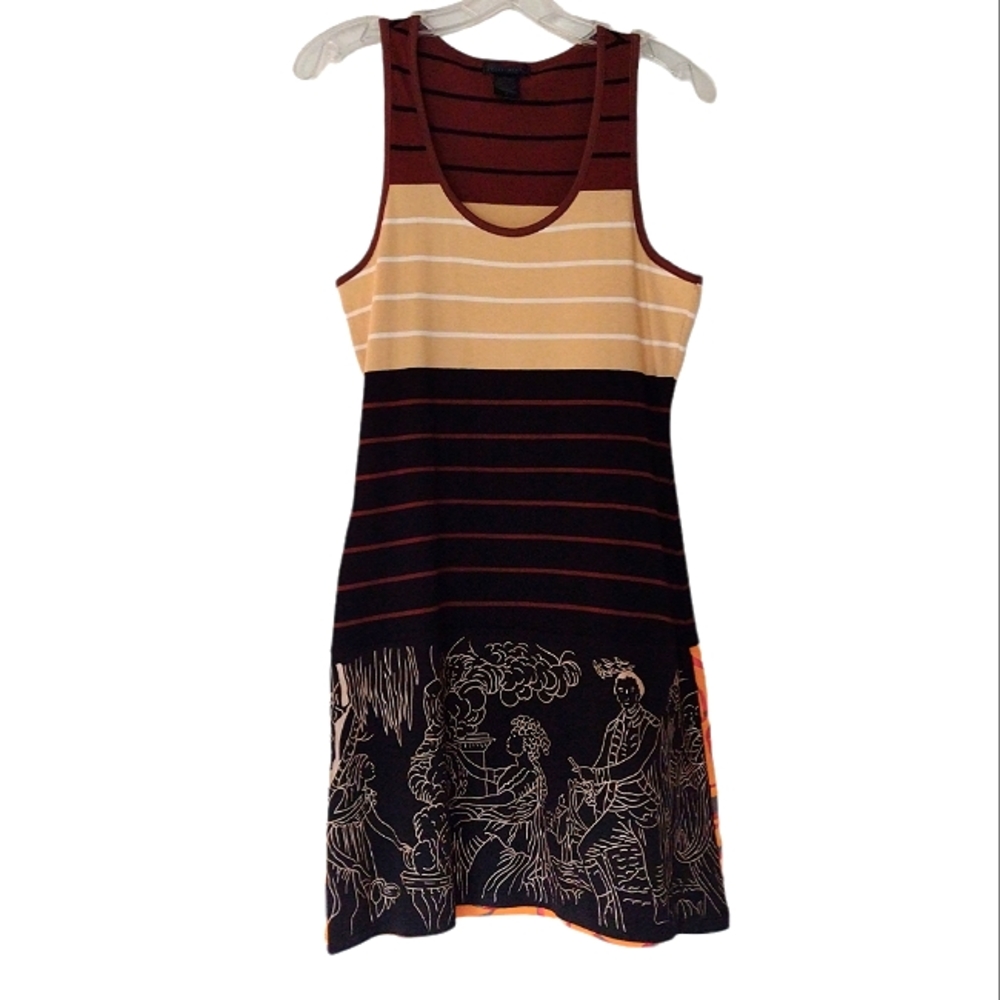 Custo Barcelona brown sleeveless dress stripes + gorgeous art S